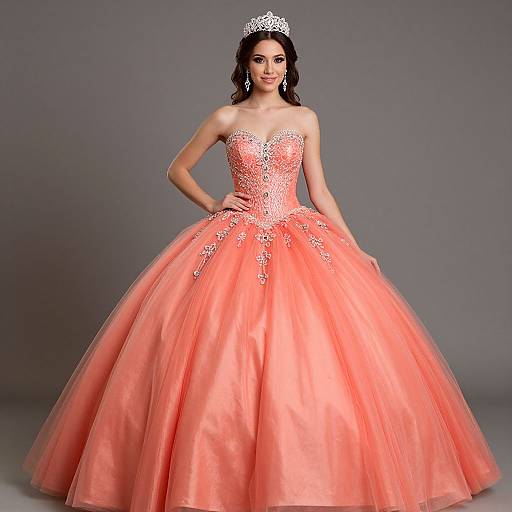 Photograph of a woman with dark hair, wearing a silver tiara, and a strapless, coral pink, full-skirted ball gown with