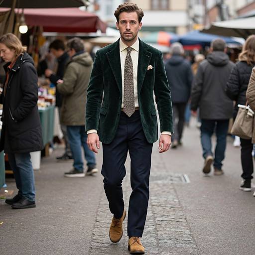Photograph of a bearded man in a dark green velvet blazer, white shirt, patterned tie, and tan shoes, walking confidently through a
