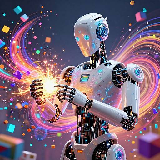 CGI image of a white, humanoid robot with glowing blue eyes, releasing a bright, colorful explosion of light and confetti against a dark, abstract