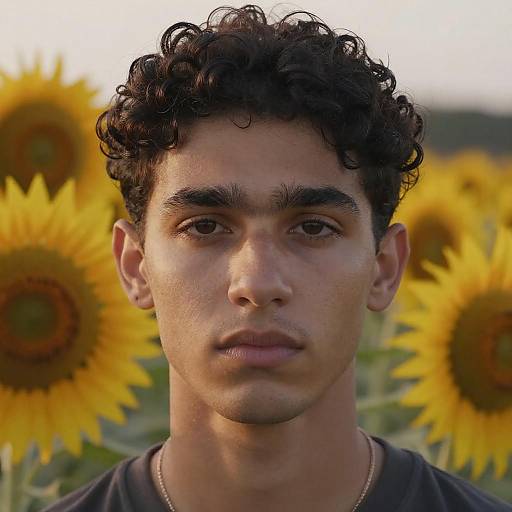 Serious Young Man Amidst Sunflowers