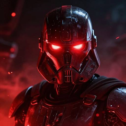 Photorealistic CGI of a black, glowing-red-eyed, futuristic armored warrior with sleek, reflective helmet and shoulder pads in a smoky, red-l