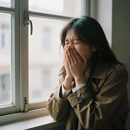 Photograph of an Asian woman with long black hair, wearing glasses and a brown jacket, covering her face with both hands, standing by a sunlit