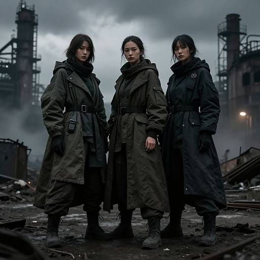 Photograph-style CGI of three serious, dark-haired women in black, belted trench coats standing in a smoky, industrial ruins background. Moody,