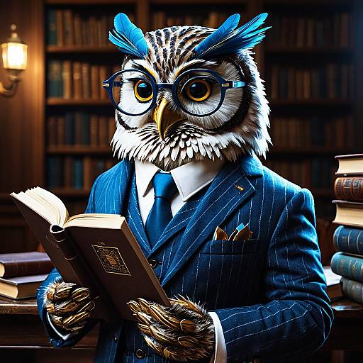 3D Owl in Suit Reading Book