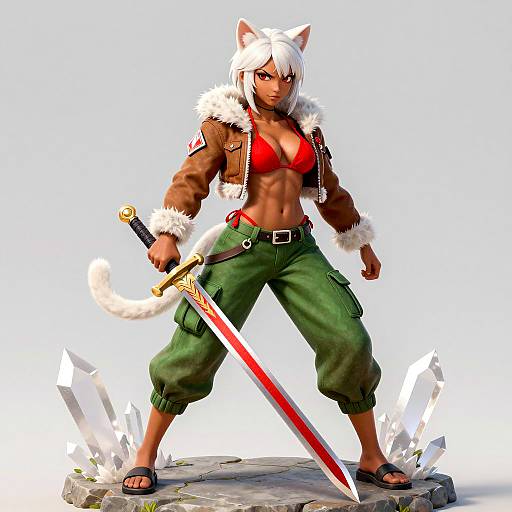 Dark-Skinned Catgirl Warrior with Sword