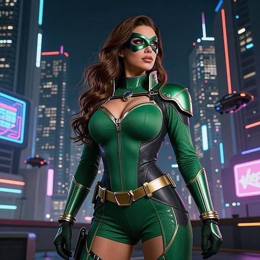 Confident Cyberpunk Superheroine in Neon City
