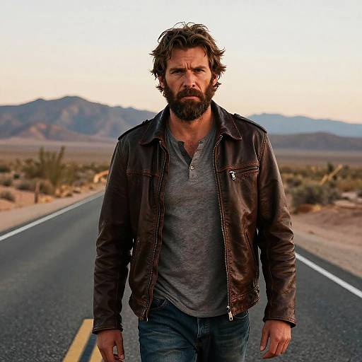 Photograph of a rugged, bearded man with messy brown hair, wearing a gray henley and black leather jacket, walking down a desert road with