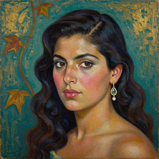 Digital painting of a beautiful South Asian woman with dark wavy hair, brown eyes, pink lips, and a teal earring, against a textured blue