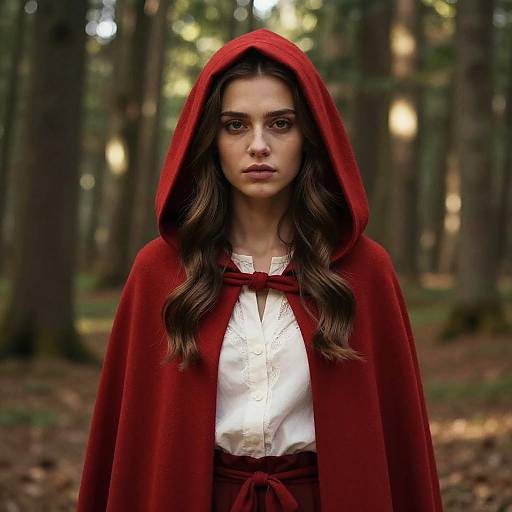 Photograph of a serious young woman with long brown hair, wearing a red hooded cloak over a white blouse, standing in a forest with blurred trees