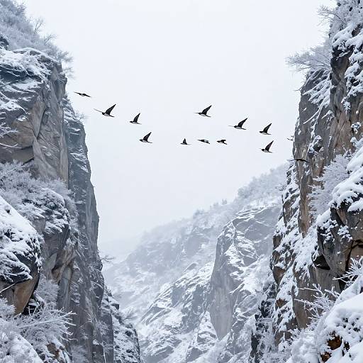 Photograph of a snowy mountain canyon with tall, rugged cliffs on either side, and a flock of black birds flying upwards against a bright, white sky