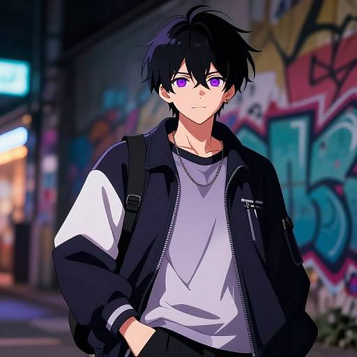 Anime-style drawing of a black-haired, purple-eyed young man in a black jacket, white shirt, and necklace, standing in a vibrant, graffiti-covered