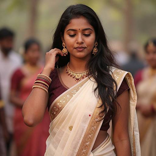 Photograph of a beautiful Indian woman with long black hair, wearing a gold and cream saree, traditional jewelry, and a bindi, standing confidently