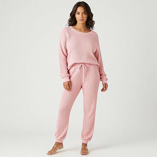 Photograph of a curvy woman with medium brown skin and wavy black hair, wearing a pink gingham pajama set with a tied waist,