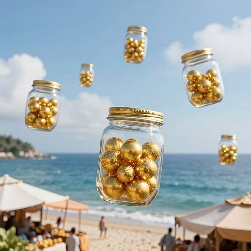 Floating Golden Orbs Over Coastal Market