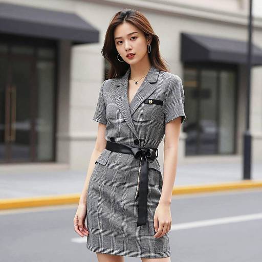 Young Woman in Stylish Checkered Dress