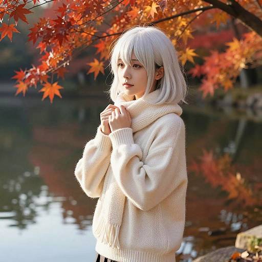 Photograph of a young woman with silver blonde hair, wearing a white knitted sweater and scarf, standing by a lake with vibrant autumn leaves in the