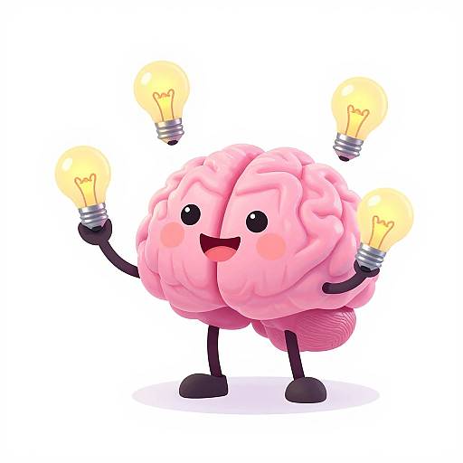Happy Pink Brain Juggling Lightbulbs