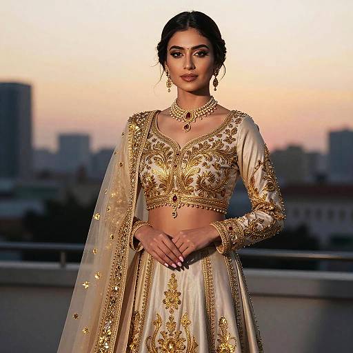 Elegant Traditional Gown with Gold Embroidery at Sunset