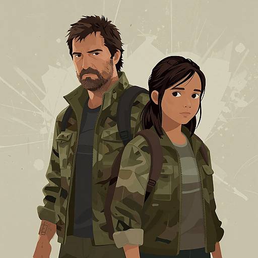 Digital illustration of a bearded man and a young woman with black hair, wearing camo jackets and backpacks, standing back-to-back against a white