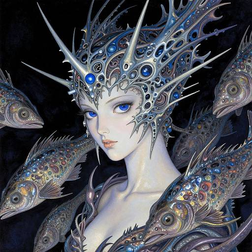 Digital art of a pale, blue-eyed, ethereal woman with a metallic, spiky crown surrounded by colorful, iridescent fish against a dark