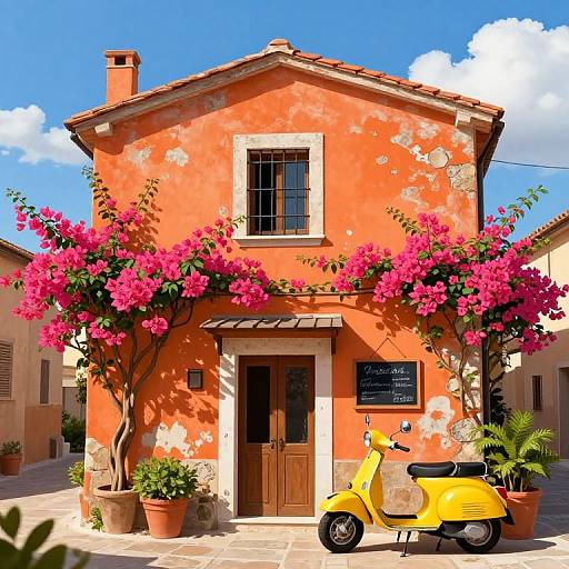 Vibrant photograph of a sunlit, orange stucco house with pink bougainvillaea, wooden door, yellow scooter, and clear