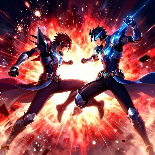 Dynamic anime-style digital artwork of two duelists, one with red energy and the other with blue, facing off in a radiant explosion of red and white