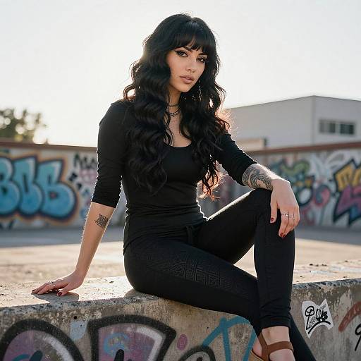 Young Woman Sitting on Graffiti Ledge