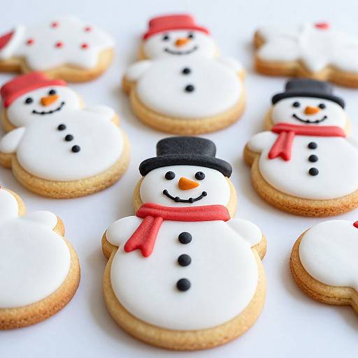 Photograph of decorated sugar cookies shaped as snowmen with white icing, black buttons, orange noses, red scarves, and black or red hats.