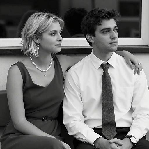 Black-and-white photograph of a blonde woman in a sleeveless dress and pearl necklace, and a dark-haired man in a white shirt and tie, sitting