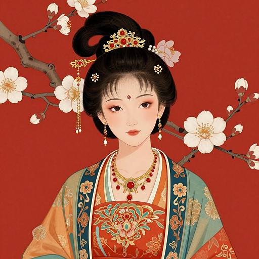 Digital illustration of an elegant East Asian woman with black hair in an updo, adorned with flowers, jewelry, and a kimono, set against a