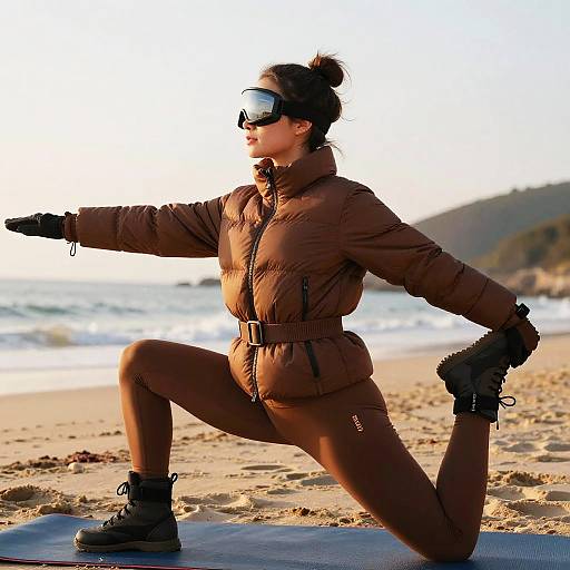 Woman in Brown Skiwear Stretching on Beach