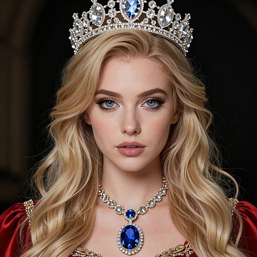 Photograph of a blonde woman with blue eyes, wearing a sparkling silver crown, blue gemstone necklace, and red velvet gown, against a dark background