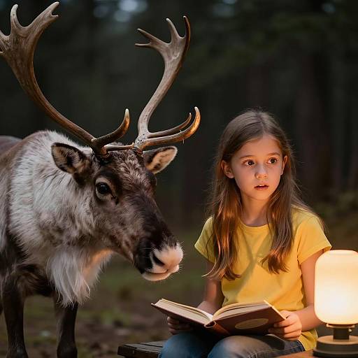 Girl Reading with Reindeer by Lamp Light