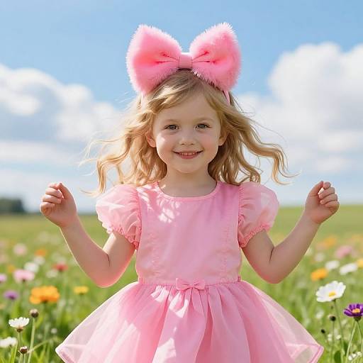 Photograph of a smiling young girl with blonde hair, wearing a pink fluffy bow headband and dress, standing in a colorful meadow under a bright