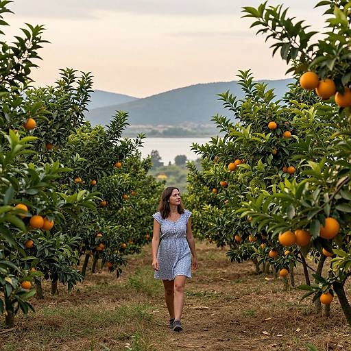Photograph of a woman in a blue patterned dress walking through an orange tree orchard, with mountains and a sunset in the background.
