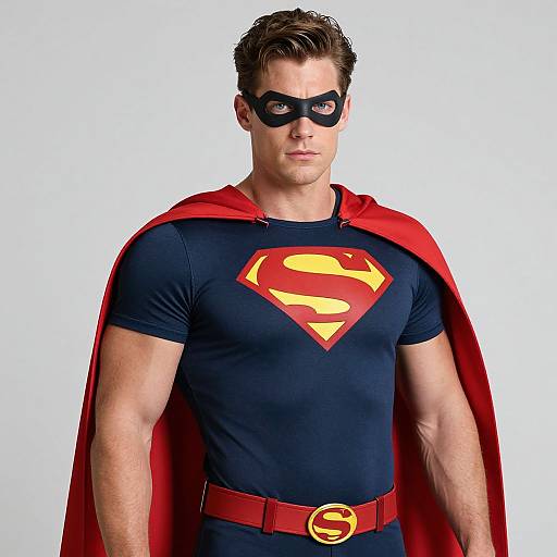 Photograph of a muscular Caucasian man in a Superman costume, black shirt, red cape, black mask, and red belt with yellow 