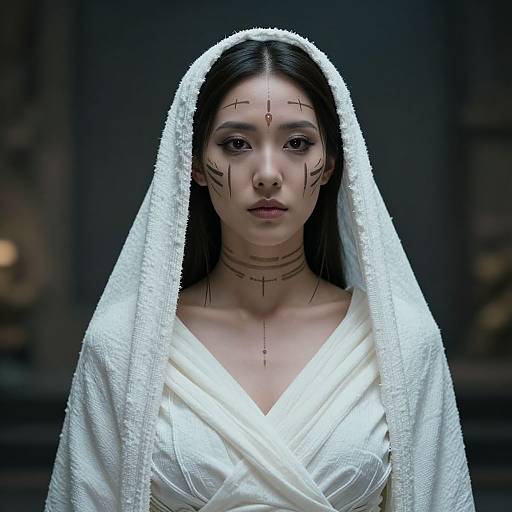 Digital art of an Asian woman with black hair, white veil, and facial markings, wearing a white robe, with a dark blurred background.