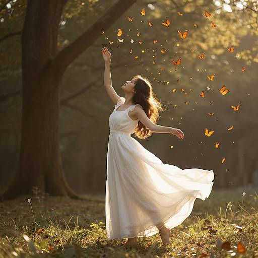 Photograph of a woman in a flowing white dress, standing in a sunlit forest, arms raised, surrounded by fluttering orange butterflies.