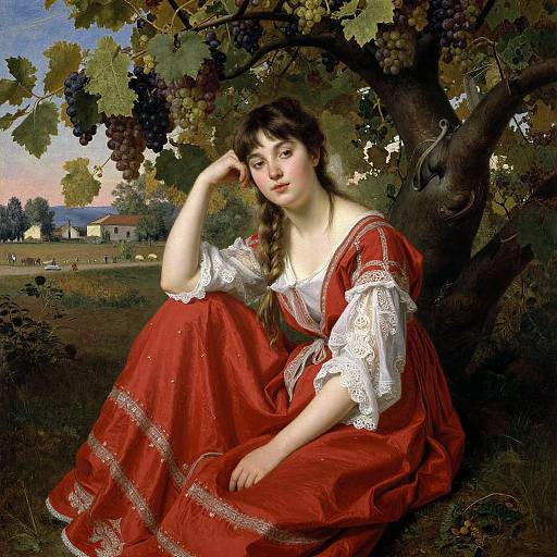 Photorealistic painting of a young woman with fair skin and dark hair, wearing a red dress with white lace, sitting under a grapevine, with