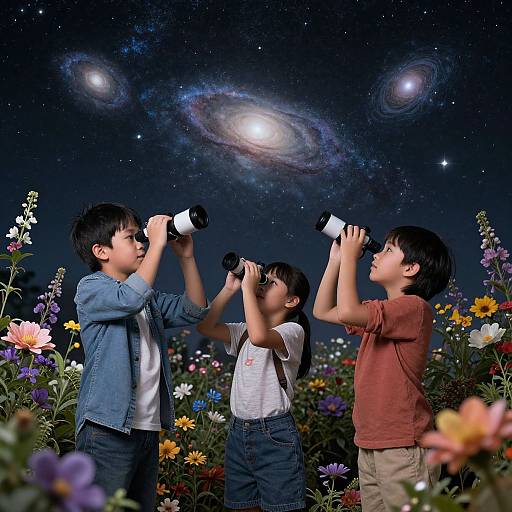Photograph of three Asian boys with black hair, wearing casual clothes, using binoculars, against a night sky with galaxies and colorful flowers in the