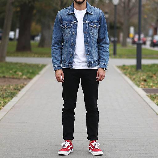 Photograph of a man with a beard, wearing a blue denim jacket, white t-shirt, black pants, and red sneakers, standing on a park