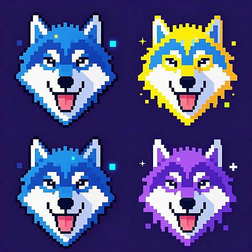 Digital pixel art of four happy, colorful wolf heads: top left blue, top right yellow with sparkles, bottom left blue, bottom right purple,