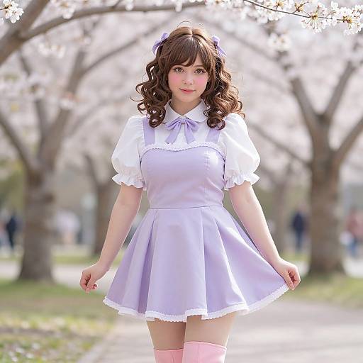 Photograph of a young woman with wavy brown hair, wearing a white and lavender maid outfit, pink thigh-high socks, and purple hairpins,