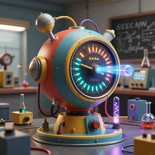 Digital artwork of a colorful, retro-futuristic clock with glowing blue and neon lights, set on a lab table with scientific equipment.