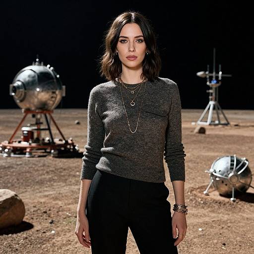 Photograph of a woman with wavy brown hair in a gray knit sweater and black pants, standing in a moon-like landscape with sci-fi equipment in