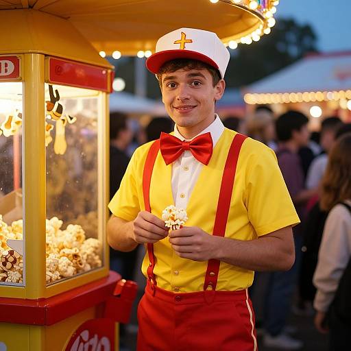 Photograph of a young man in a yellow shirt, red bowtie, red suspenders, and white cap, holding popcorn, standing at a brightly