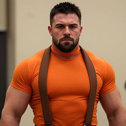 Muscular Man in Orange Shirt and Brown Suspenders