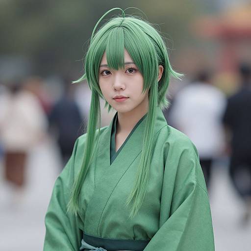 Photograph of an Asian woman with green hair in a traditional green kimono, standing outdoors with blurred crowd in background.