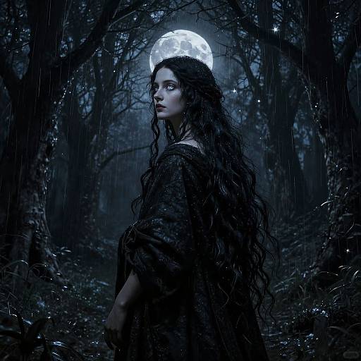 Photograph-like digital art of a mysterious woman with long, wet black hair, wearing a dark cloak, standing in a rain-soaked forest under a