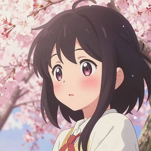 Shy Anime Character Under Cherry Tree